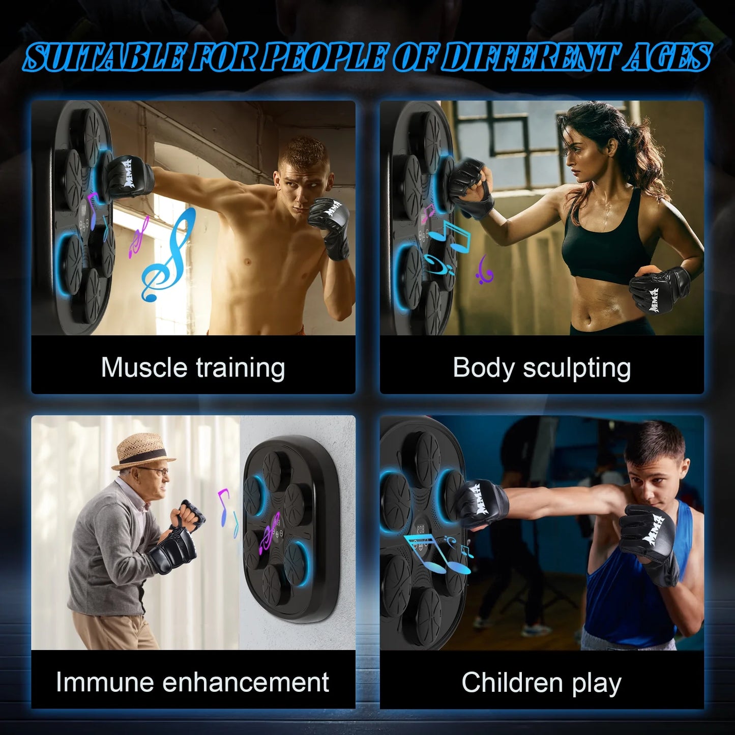 Advanced Smart Music Boxing Machine for Adults - Wall-Mounted Fitness Equipment with Display and Gloves for Home and Gym Use (Black)