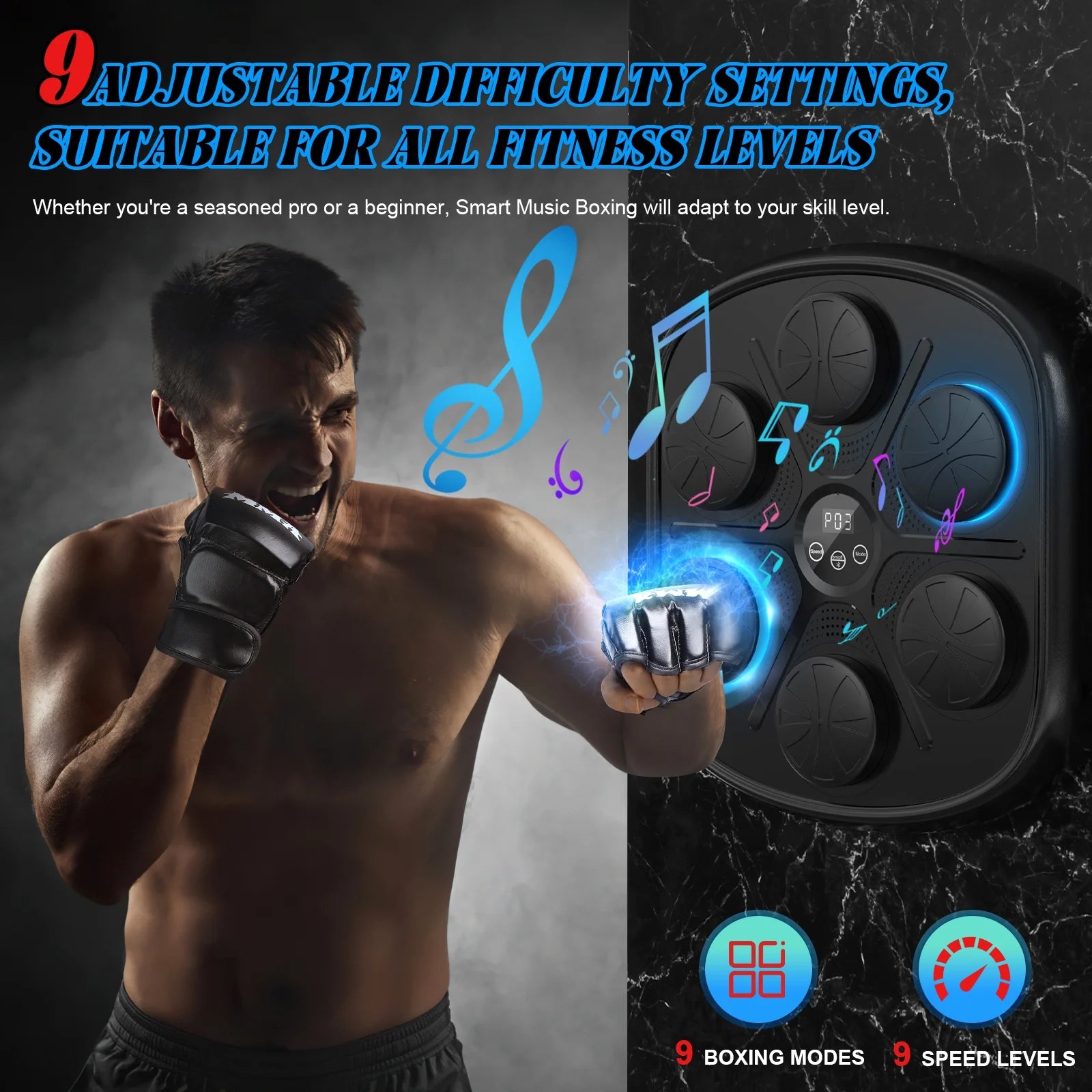 Advanced Smart Music Boxing Machine for Adults - Wall-Mounted Fitness Equipment with Display and Gloves for Home and Gym Use (Black)