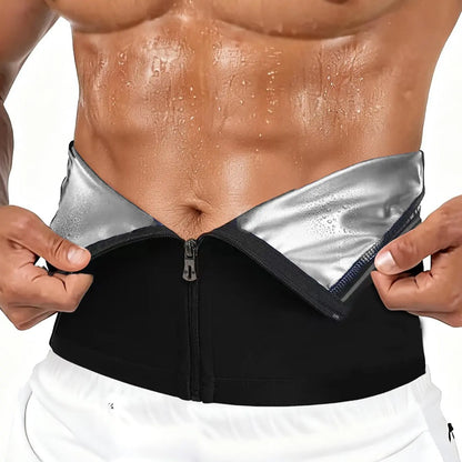 Men's Zippered Waist Trainer Sweat Belt - Sauna Workout Band for All Seasons, Sporty Design, Elastic Fitness Waistband